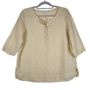 J. JILL LOVE LINEN 3/4-Sleeve Pinstriped Henley Top Size Medium in Yellow/White